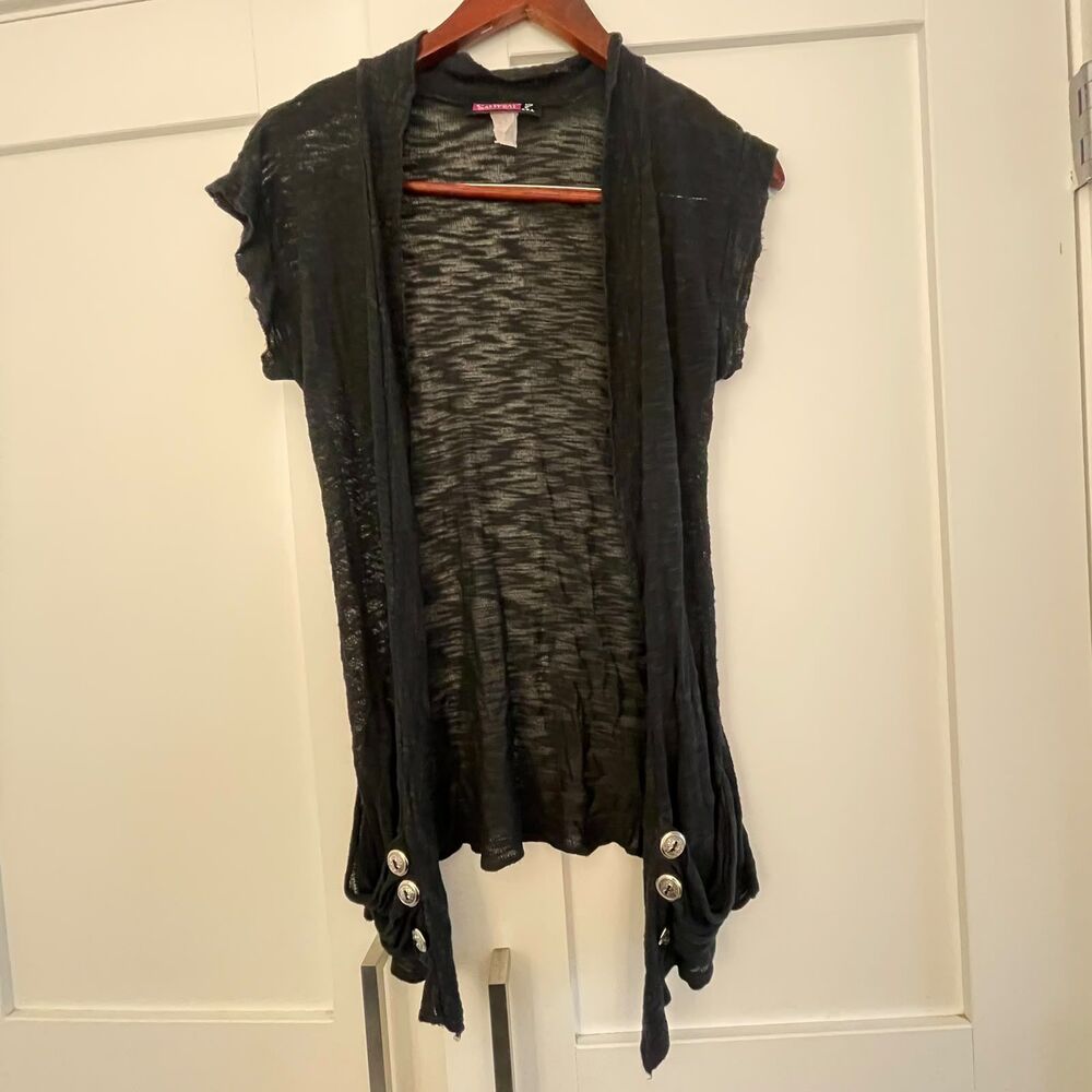 Saywhat? Womens S Black Sheer Knit Cap Sleeve Open Front Cardigan Vest USA Made - Picture 2 of 7